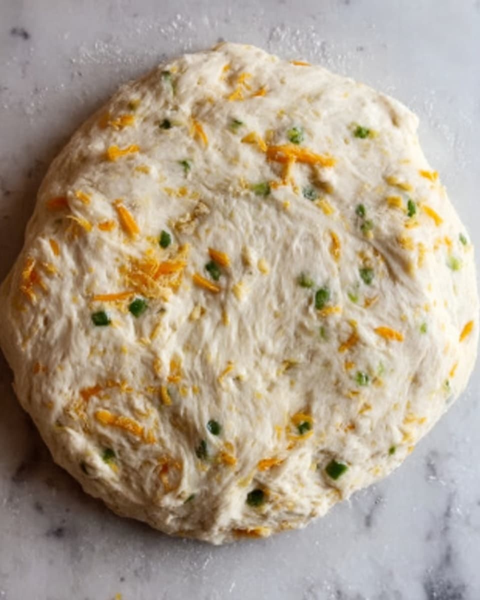 The image shows two slices of bread with a golden crust and a soft, slightly airy inside with small holes. The bread has visible layers of orange melted cheese and small bits of green herbs spread throughout both slices. The slices are placed on crumpled white parchment paper on a white marbled surface. A serrated knife with a gray blade lies above the bread. To the side, a folded light blue cloth adds a soft color contrast. Photo taken with an iphone --ar 4:5 --v 7