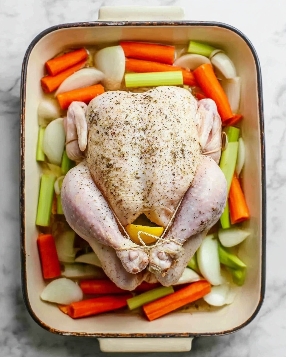 A whole roasted chicken with golden-brown crispy skin and black pepper specks sits centered in a white baking pan. Around the chicken are chunky pieces of orange carrots, pale green celery sticks, and large white onion segments, all partially submerged in light brown cooking juices. The chicken's legs are tied together with string. The scene is set on a white marbled surface. photo taken with an iphone --ar 4:5 --v 7
