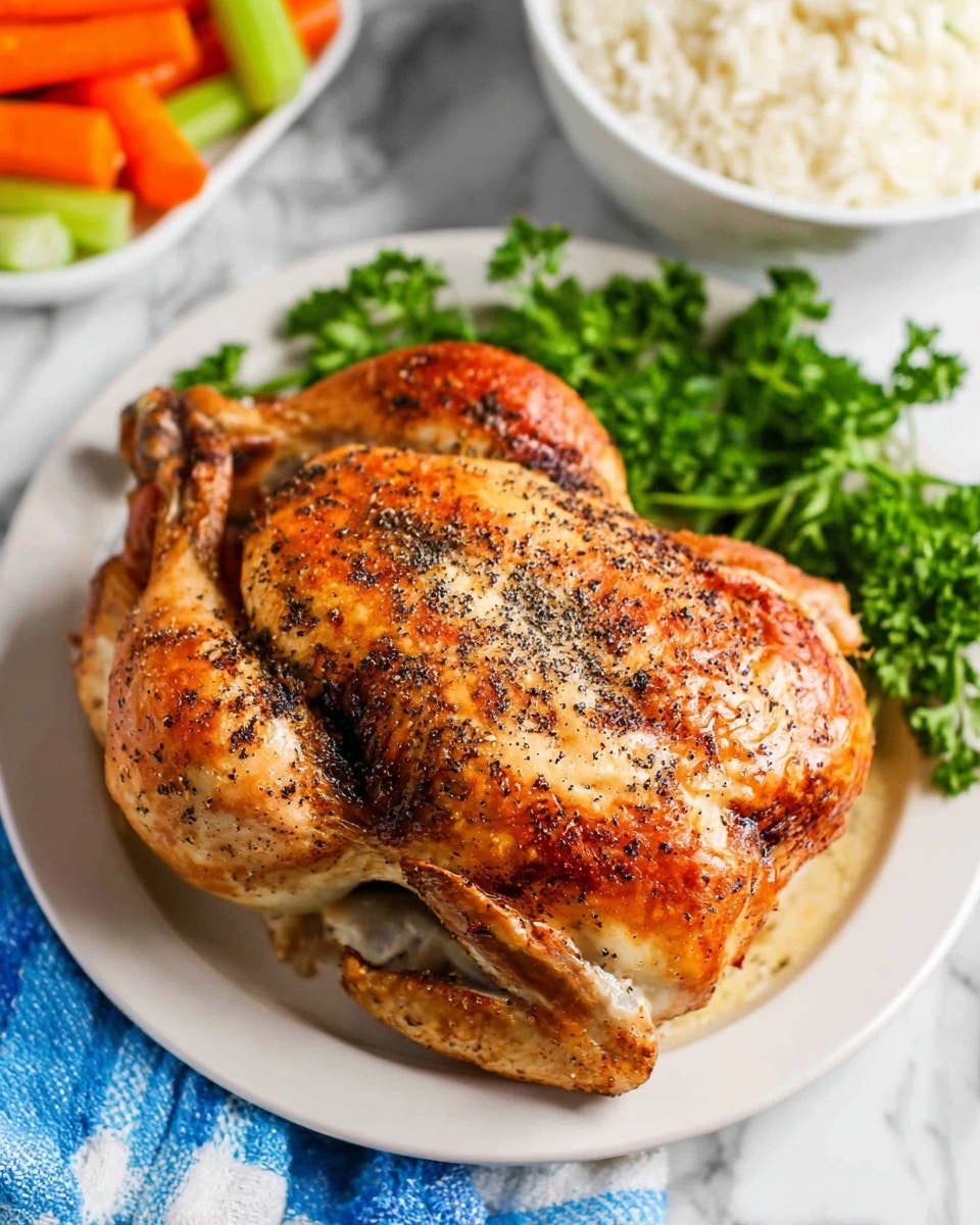 A whole roasted chicken with crispy, golden-brown skin and black pepper seasoning covers the top layer on a white plate. Around the chicken, there are cooked vegetables like orange carrots and green celery pieces on the left side and bright green fresh parsley in the background. To the top right, part of a white bowl with seasoned white rice is visible. The plate is placed on a white marbled surface with a blue and white striped cloth nearby. Photo taken with an iphone --ar 4:5 --v 7