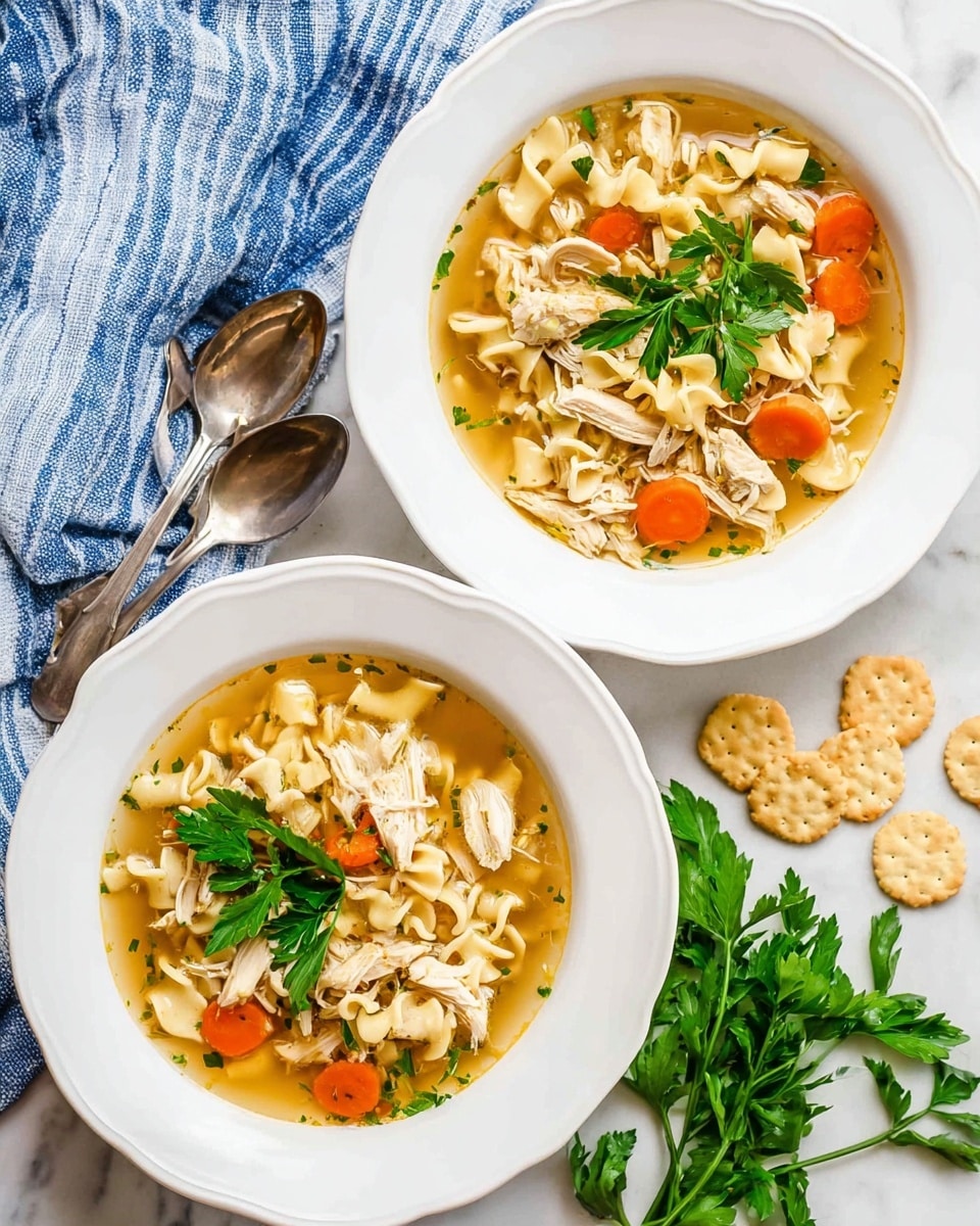 A close-up view of a spoon full of chicken noodle soup being lifted out of a dark slow cooker. The spoon shows three main layers: creamy pale yellow cooked egg noodles on the bottom, light shredded chicken pieces layered on top, and bright orange carrot slices scattered evenly throughout. The chicken looks soft and fibrous while the noodles have a twisted, smooth texture. The slow cooker is filled with more of the same soup, slightly blurred in the background on a white marbled surface. photo taken with an iphone --ar 4:5 --v 7