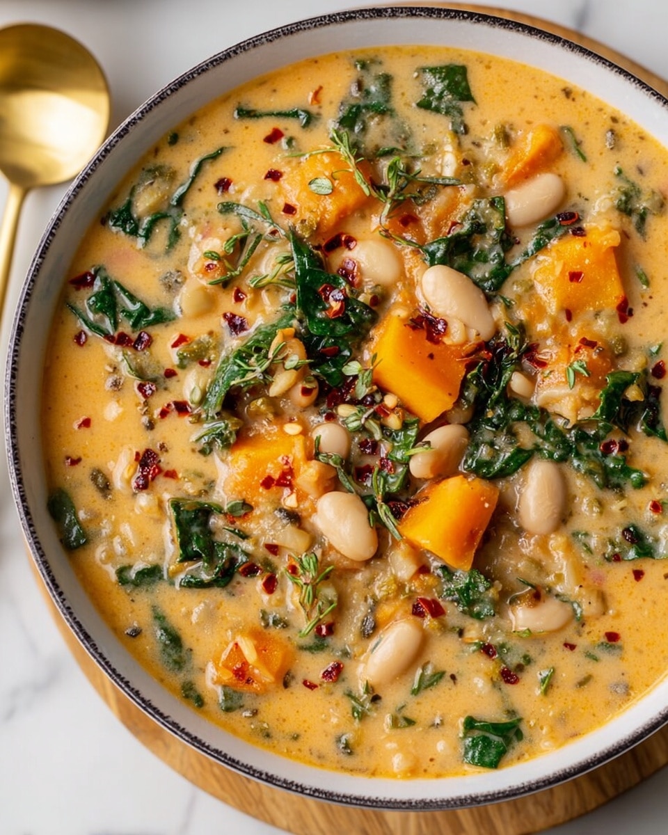 The image shows a bowl of creamy soup with a light orange color base, filled with white beans, bright orange chunks of squash, and small pieces of green leafy vegetables scattered throughout. The soup is sprinkled on top with small dark green herbs and red chili flakes, adding texture and color contrast. The bowl is white with a subtle dark rim and is placed on a white marbled surface. On the side, a gold spoon is partially visible, adding an elegant touch to the setting. photo taken with an iphone --ar 4:5 --v 7