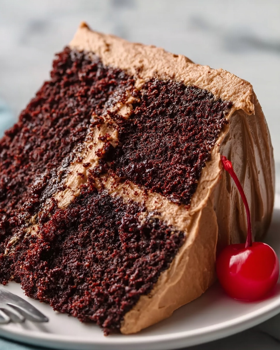 The image shows a layered chocolate cake with three thick layers covered evenly in smooth, creamy chocolate frosting. The frosting is textured with gentle swirls and ridges around the sides and top. Bright red cherries with stems are placed around the base of the cake, resting on a white plate. The background is a white marbled surface with a soft, out-of-focus effect. The photo is taken with an iphone --ar 4:5 --v 7