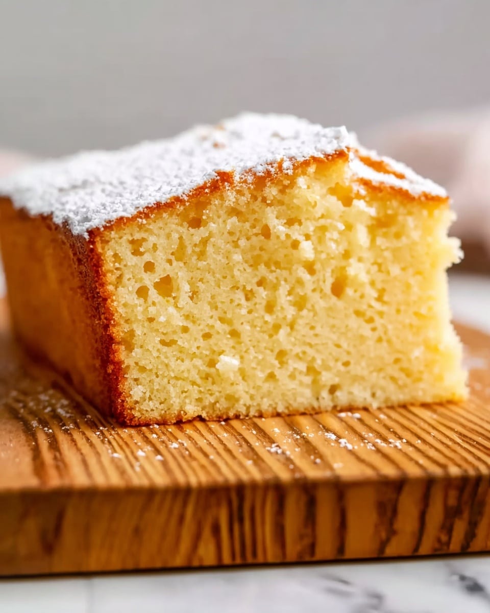 A loaf of yellow pound cake dusted with a thick layer of white powdered sugar rests on light brown parchment paper over a soft beige cloth with fringed edges. Two slices have been cut from the loaf, showing the soft, moist texture inside with a golden crust on the outside. In the background, there is a white plate with one slice of the same pound cake. The whole scene sits on a white marbled surface. photo taken with an iphone --ar 4:5 --v 7