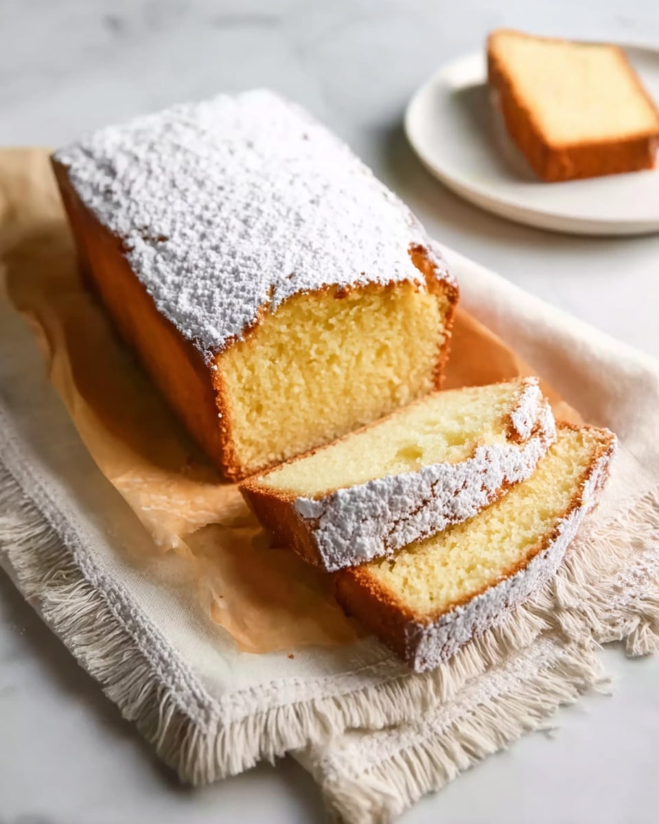 The image shows a loaf of yellow cake with a dusting of powdered sugar on top, placed on a wooden cutting board over a white cloth on a white marbled surface. Two white plates each hold a single slice of the cake, showing a soft, crumbly texture and a golden crust. Next to the plates is a white cup filled with milk. The scene is clean and bright with soft natural light. photo taken with an iphone --ar 4:5 --v 7