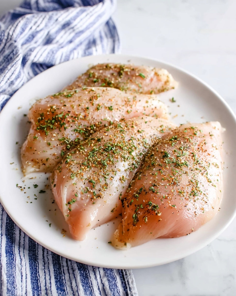 A white plate holds three raw chicken pieces spaced evenly apart, each piece covered with a light layer of mixed green herbs and black pepper. The chicken has a smooth, moist texture with a soft pink color showing through. Small green herb flakes and black pepper granules create a subtle speckled effect on the meat. The plate rests on a white marbled surface with a blue and white striped cloth placed above it. photo taken with an iphone --ar 4:5 --v 7