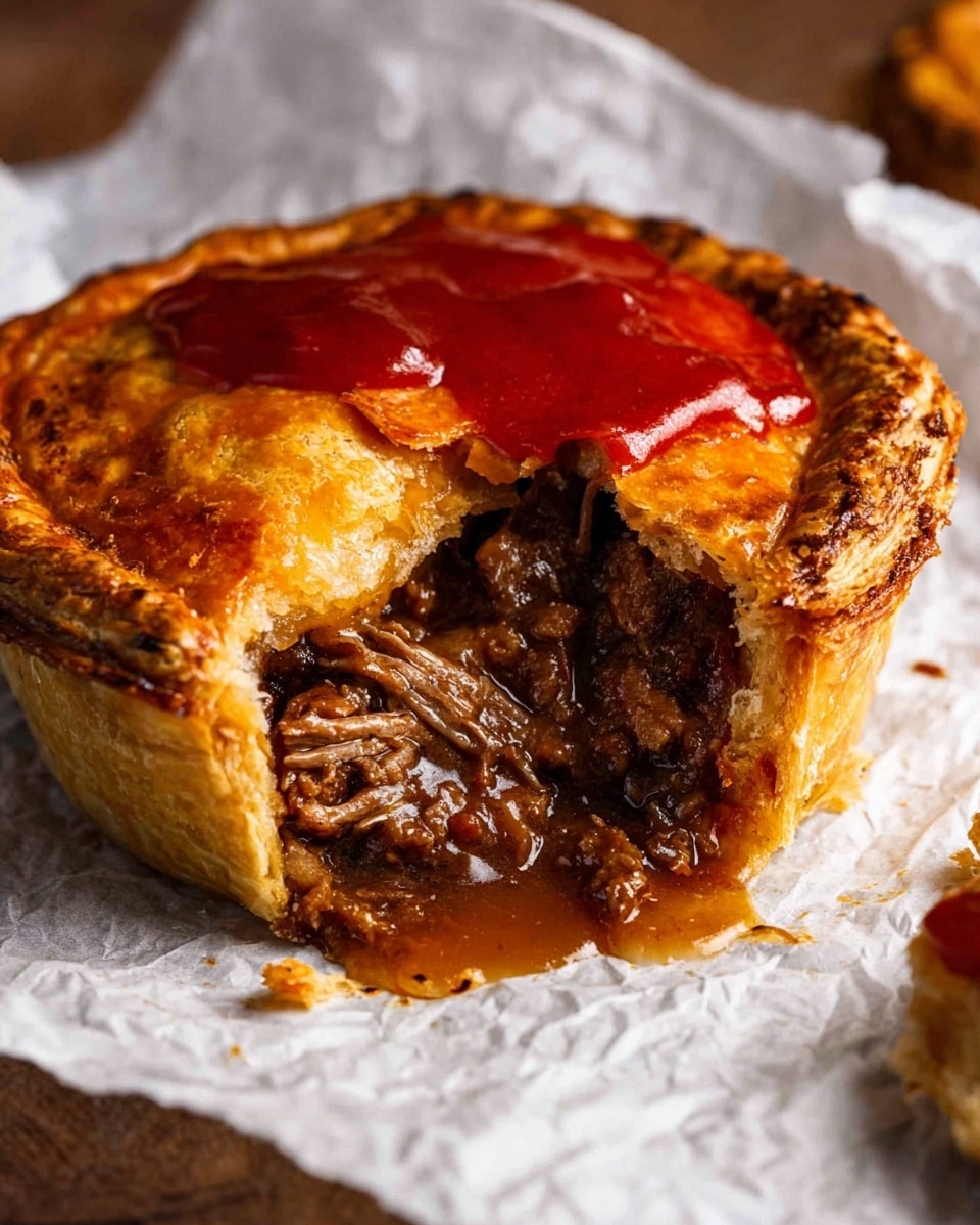 A round meat pie with a golden brown flaky crust that is thick and textured, sitting on white crumpled paper placed over a white marbled surface. The top layer is covered with a bright red sauce spread unevenly in a thick but smooth texture. The inside shows a rich, dark brown meat filling with visible shredded pieces, moist and juicy with thick gravy oozing out from the center. Photo taken with an iphone --ar 4:5 --v 7