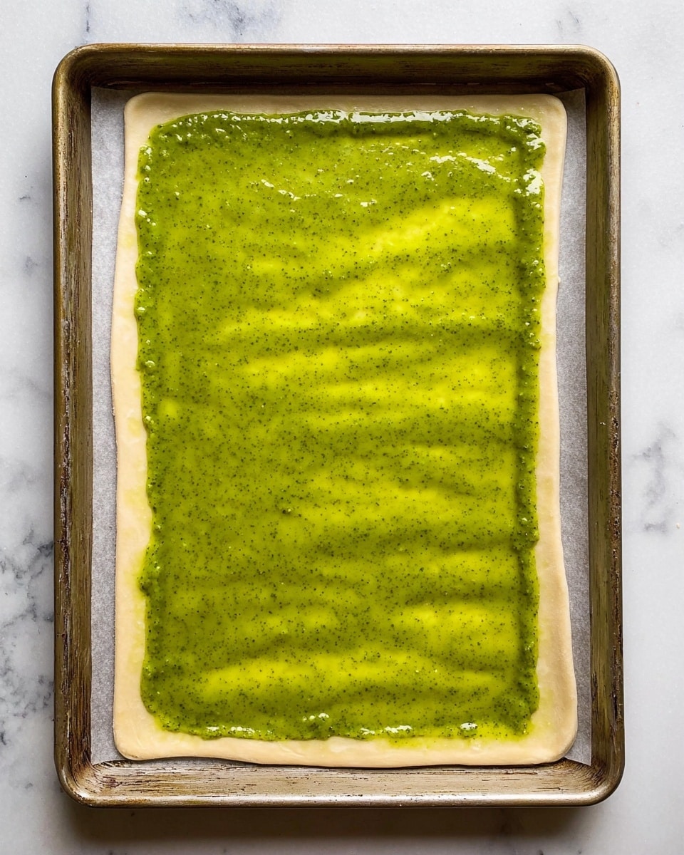 A rectangular piece of dough lies flat on a baking tray lined with parchment paper, spread evenly with a bright green sauce. The sauce has a slightly chunky texture and covers almost the entire surface of the dough, leaving a small border around the edges. The tray rests on a white marbled surface. Photo taken with an iphone --ar 4:5 --v 7