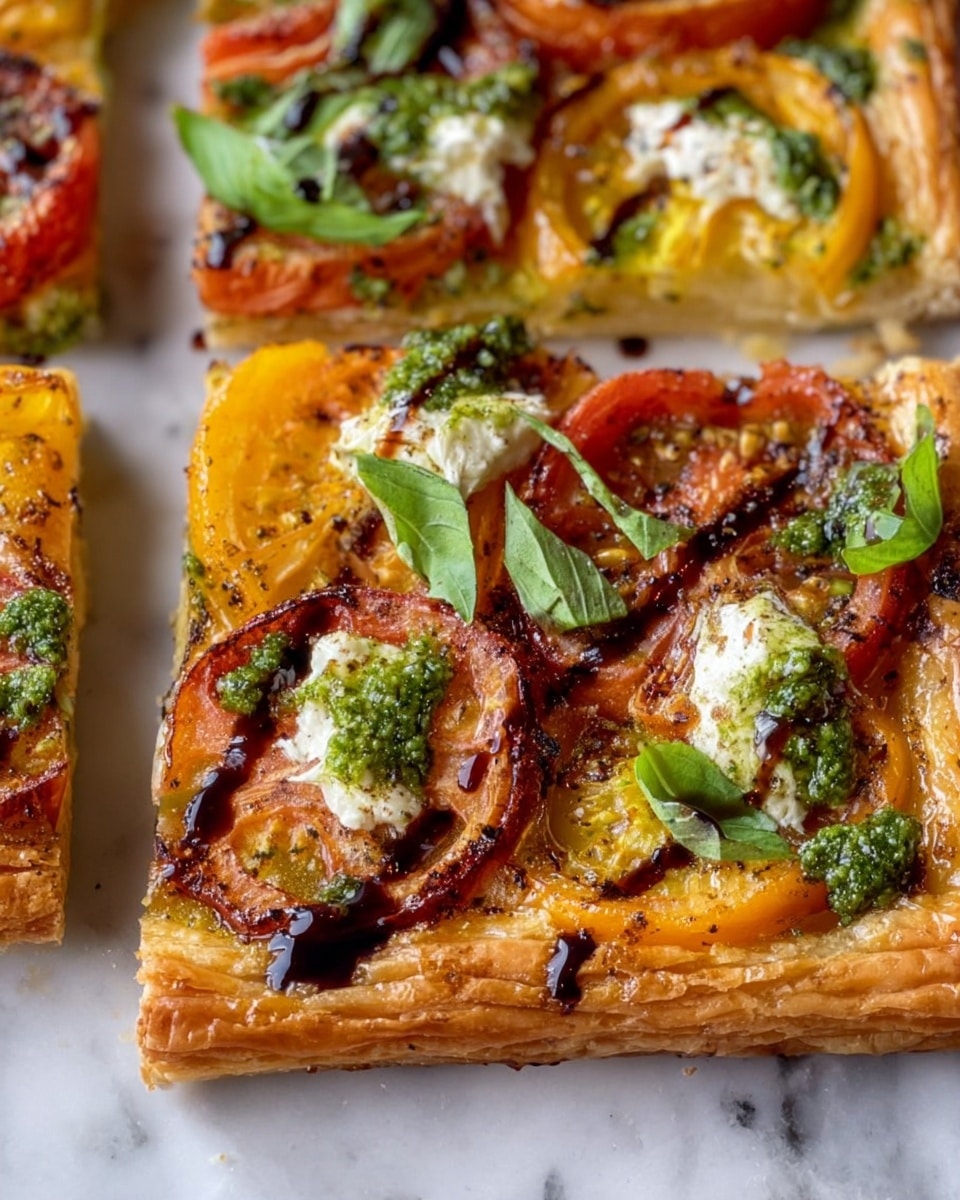 A close-up view of a pizza cut into four square slices on a white marbled surface. The pizza has a thin golden brown crust topped with layers of melted white cheese, thin slices of red and yellow tomatoes, and green pesto sauce drizzled across. Bright green fresh basil leaves are scattered on top, with some areas showing light browning on the cheese. The texture looks soft and slightly bubbly with a mix of smooth cheese and juicy tomato slices. Photo taken with an iphone --ar 4:5 --v 7