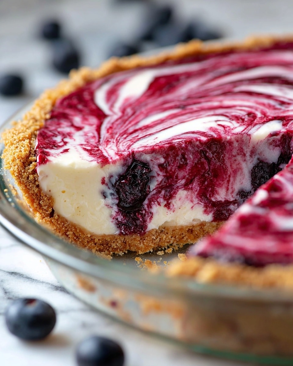 A slice of creamy white cheesecake with a golden brown crumb crust at the bottom sits on a white plate with a vintage silver fork beside it. The cheesecake has visible swirls of dark red and purple berry sauce on the top and mixed within the white creamy layers, creating a marbled effect. A few whole blueberries rest next to the slice on the plate. The background is a white marbled texture with a clear dish of more cheesecake blurred in the distance. Photo taken with an iphone --ar 4:5 --v 7