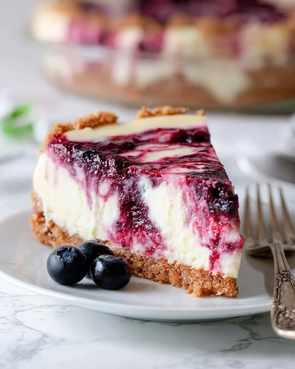 A close-up view of a slice taken out of a pie in a clear glass pie dish, showing three layers: the bottom layer is a light brown crumbly crust, the middle layer is thick, creamy white with bits of dark blueberries, and the top layer is a bright maroon and white swirled blueberry topping with a smooth, glossy texture. The pie dish sits on a white marbled surface with scattered blueberries around it. photo taken with an iphone --ar 4:5 --v 7