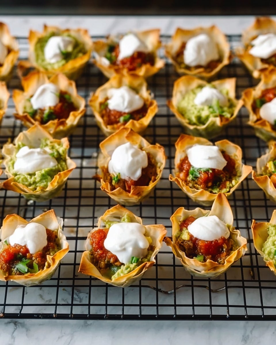 Small white filo cups filled with layers of food are arranged neatly on a black wire rack over a white marbled surface. Each cup has a crispy light golden shell, filled with green mashed avocado at the bottom, followed by bright red tomato sauce or salsa in the middle. On top of the tomato layer, there is a dollop of smooth white sour cream. Some cups show small green pieces that look like diced vegetables or herbs mixed in. The cups are closely placed in rows, showing their varied shapes with crinkled edges. photo taken with an iphone --ar 4:5 --v 7