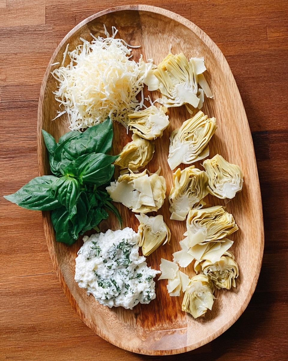 An oval wooden platter holds an arrangement of light yellow artichoke hearts scattered mainly on the right and bottom left side, a small pile of shredded white cheese positioned on the left center, a dollop of creamy white cheese mixed with green herbs situated near the bottom right, and a small bunch of fresh green basil leaves placed at the top left corner; the wood grain of the platter adds a warm natural texture to the presentation photo taken with an iphone --ar 4:5 --v 7