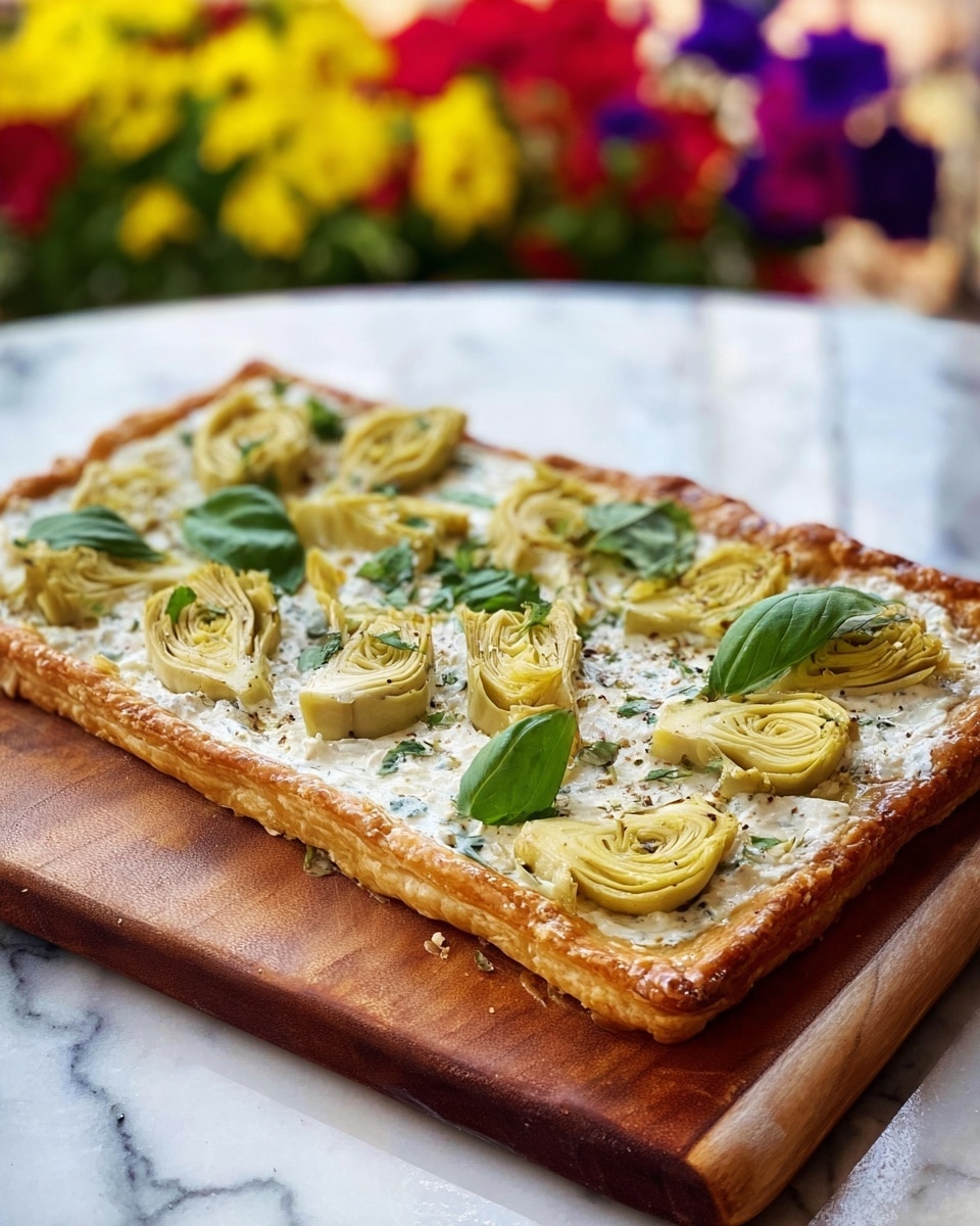 A rectangular pizza with a golden brown thick crust around the edges, topped with a creamy white cheese layer that looks smooth and melted. On top of the cheese, there are several yellowish-green artichoke halves distributed evenly across the surface, each with a tender texture showing the layers of the vegetable. Bright green fresh basil leaves are scattered between the artichokes, adding a pop of color. The pizza is placed on a wooden board, and a white marbled textured surface is visible around the board. Photo taken with an iphone --ar 4:5 --v 7