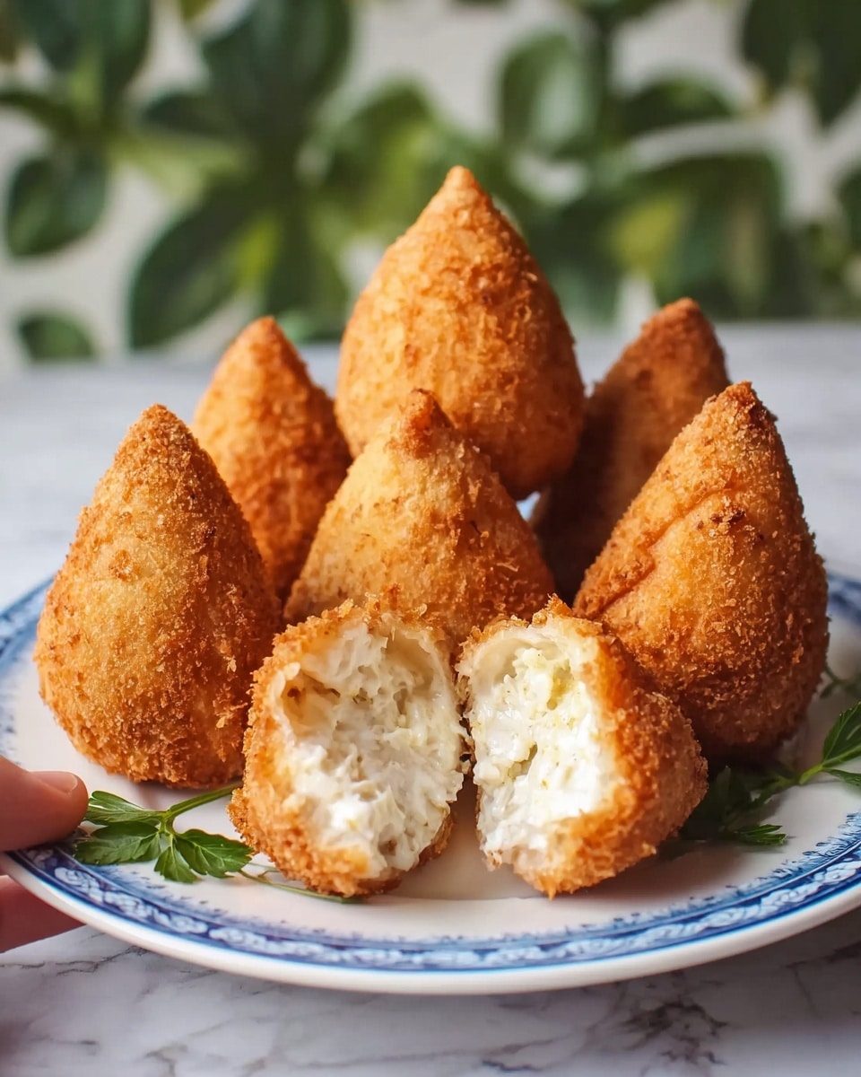 The image shows six golden-brown, teardrop-shaped fried snacks arranged on a white plate with a blue rim. Each piece has a crunchy, textured coating that looks crispy and rough. The snacks are placed on the plate in a close group, with small green parsley leaves scattered around for garnish. The background is a white marbled surface, with part of a blurred green object in the back. The lighting highlights the warm, crispy texture of the snacks, making them look freshly made and appetizing photo taken with an iphone --ar 4:5 --v 7