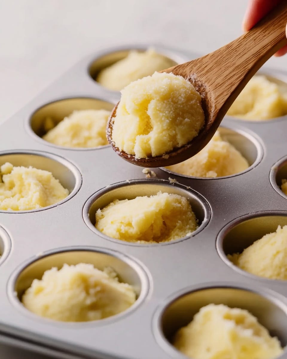 A close-up view of a silver muffin tray filled with soft, pale yellow dough in each round cup. A wooden spoon held by a woman's hand is gently placing a round scoop of the dough into one of the cups. The dough has a slightly rough texture and looks smooth and creamy. The background surface is a white marbled texture that contrasts softly with the shiny metal of the muffin tray. The image focuses on the process of placing the dough carefully, showing the texture and the shape of each scoop clearly. photo taken with an iphone --ar 4:5 --v 7