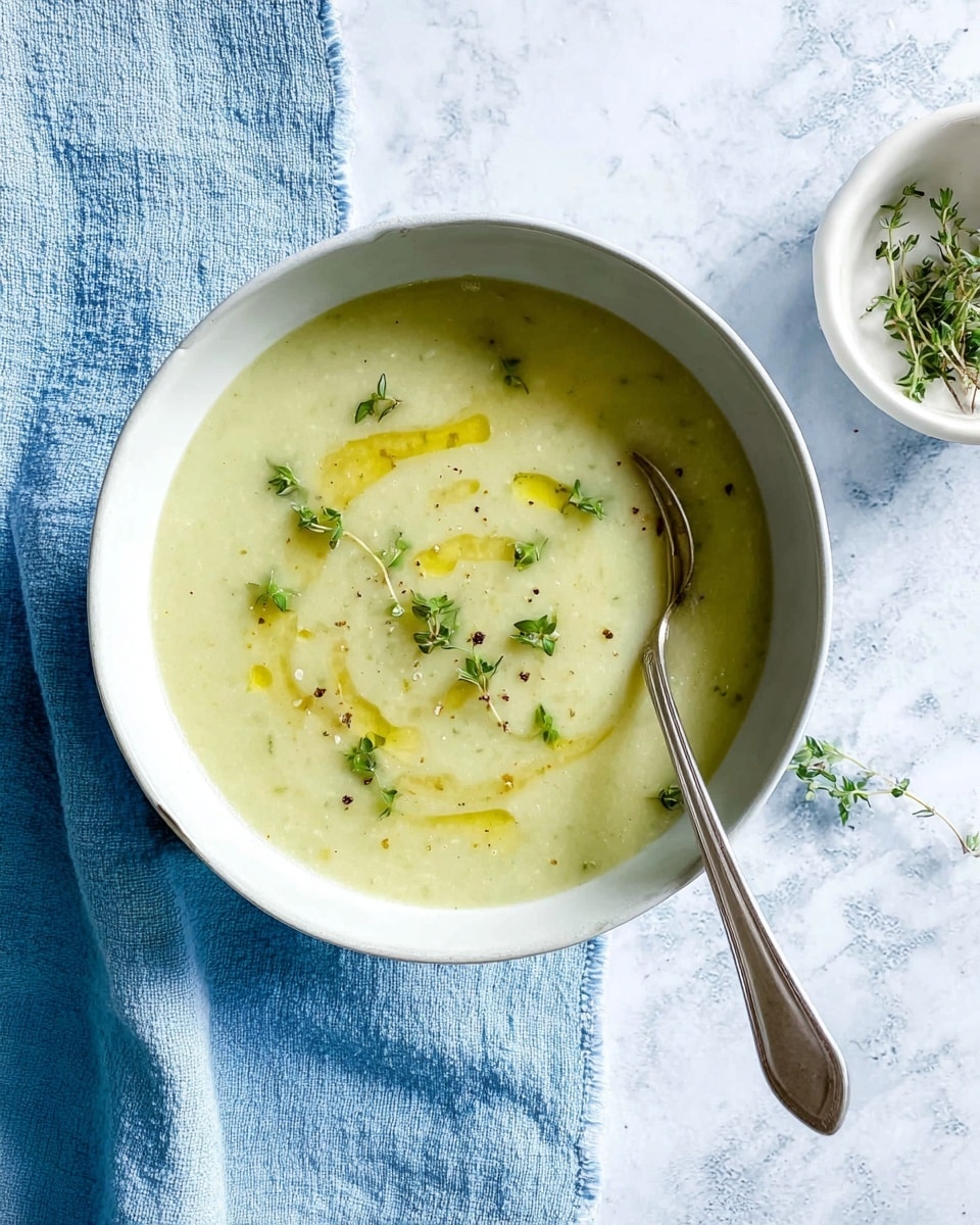 A white bowl filled with a thick pale green soup, smooth in texture with tiny bits visible. The soup is topped with small sprigs of fresh green herbs and drizzles of golden oil on the surface. A shiny silver spoon rests inside the bowl on the right side. The bowl is placed on a folded soft blue cloth, all set on a white marbled surface. To the upper right side, there is a small white bowl with more green herb sprigs inside. A single small herb sprig lies on the marbled surface below the blue cloth. photo taken with an iphone --ar 4:5 --v 7