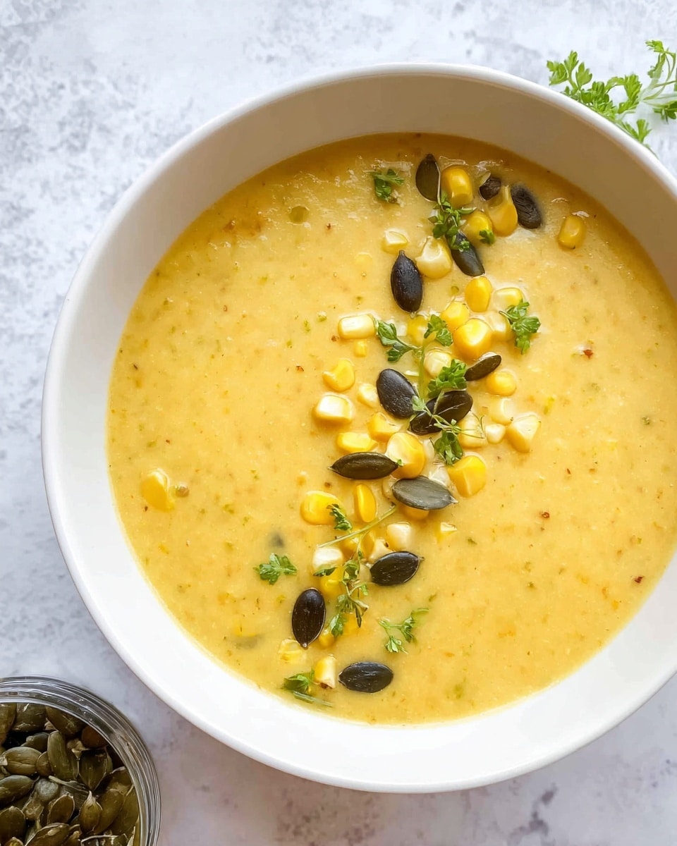 This image shows a creamy yellow soup in a white bowl placed on a white marbled surface. The soup has a smooth texture with small grainy bits visible throughout. There is a neat line of garnish across the top center of the soup, made of light yellow corn kernels, dark green pumpkin seeds, and small bright green fresh herb pieces. Next to the bowl, at the bottom left corner, there is a small container with more dark green pumpkin seeds spilled out. The overall look is fresh and inviting. photo taken with an iphone --ar 4:5 --v 7