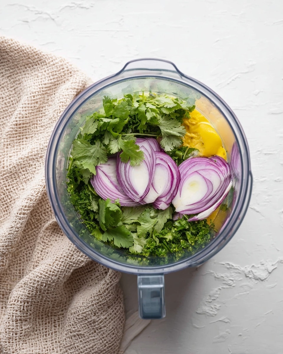A clear blender jar sits on a white marbled surface filled with fresh ingredients ready to blend. The bottom layer has bright yellow pieces, likely egg yolks. Above this, a thick layer of vibrant green cilantro leaves covers most of the inside with their delicate, jagged edges. On top of the cilantro, there are several thick slices of purple and white onion arranged in a ring around the jar. A beige textured cloth is loosely laid to the side. Photo taken with an iphone --ar 4:5 --v 7