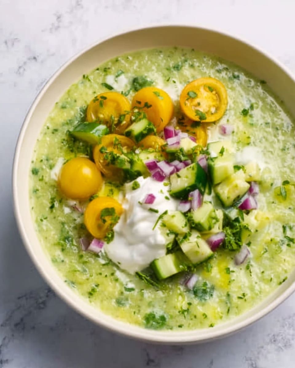 Two white bowls sit on a white marbled surface; each bowl contains a thick green soup with a chunky texture. On top of the soup, there is a layer of chopped yellow tomatoes, small cucumber pieces, and finely diced red onion. A dollop of white cream with a sprinkle of black pepper rests on the side of the topping in each bowl. Underneath one bowl is a grey plate with ridged edges. Nearby, there is a small white bowl with evenly sliced cucumber rounds. A silver spoon lies beside the bowls, and some scattered green cilantro leaves add color to the scene. Photo taken with an iphone --ar 4:5 --v 7