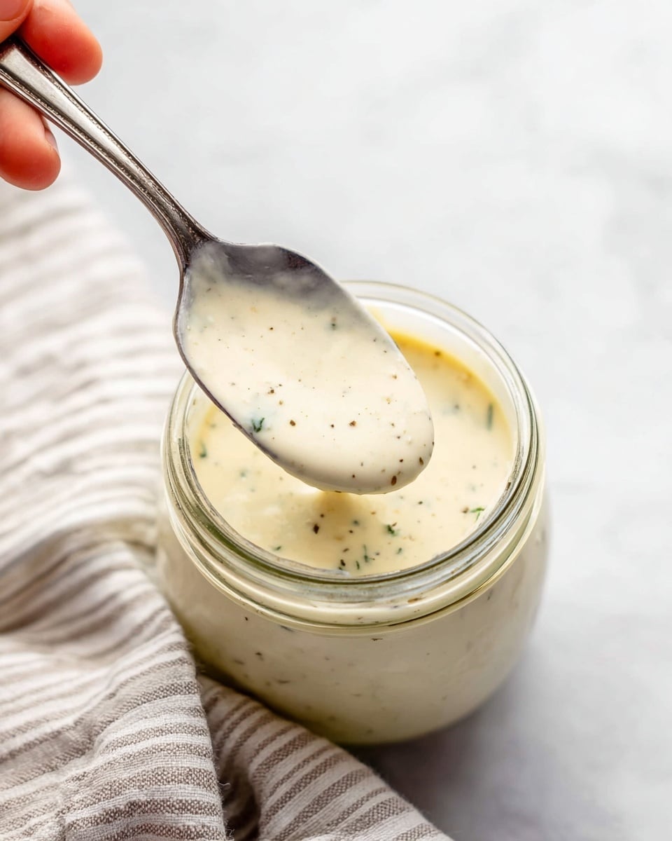A small round glass jar filled with creamy white sauce that has small green and black specks inside, giving it a textured look. A silver spoon is held above the jar by a woman's hand (only the fingers visible), scooping some of the sauce, showing its smooth and thick consistency. The background has a white marbled texture with a soft striped cloth slightly blurred near the bottom. photo taken with an iphone --ar 4:5 --v 7