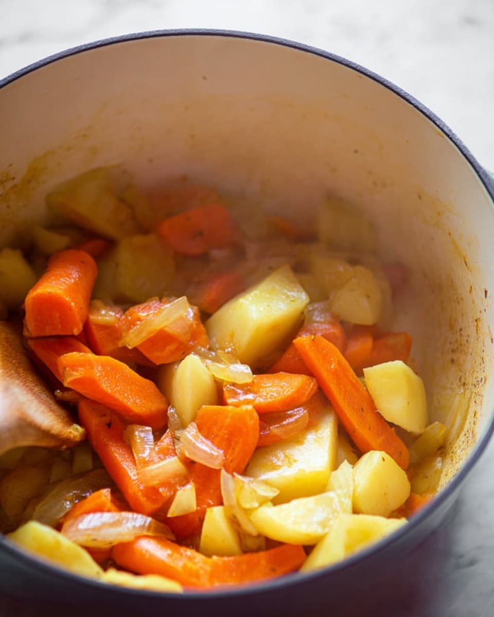 A thick, creamy soup with a rich golden-yellow color, showing chunks of soft vegetables and small pieces of meat blended in the smooth base. The soup is being lifted by a metal spoon above a white pot with a blue rim, with the soup texture thick enough to hold its shape on the spoon. The background is a white marbled surface, slightly blurred to focus on the rich, chunky soup. photo taken with an iphone --ar 4:5 --v 7