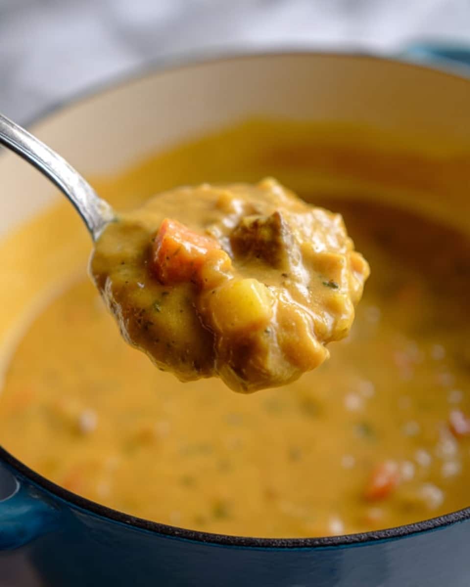 A creamy orange-yellow soup fills three white cups, each topped with small orange carrot pieces and light tan chunks, garnished with tiny green herb leaves and sprinkled black pepper; the surface looks smooth and thick with a slight shine. The front cup is in sharp focus resting on a rough beige cloth with a striped pink and white fabric nearby, and two golden spoons lie beside it. The background shows the other two white cups slightly out of focus on a white marbled surface. photo taken with an iphone --ar 4:5 --v 7