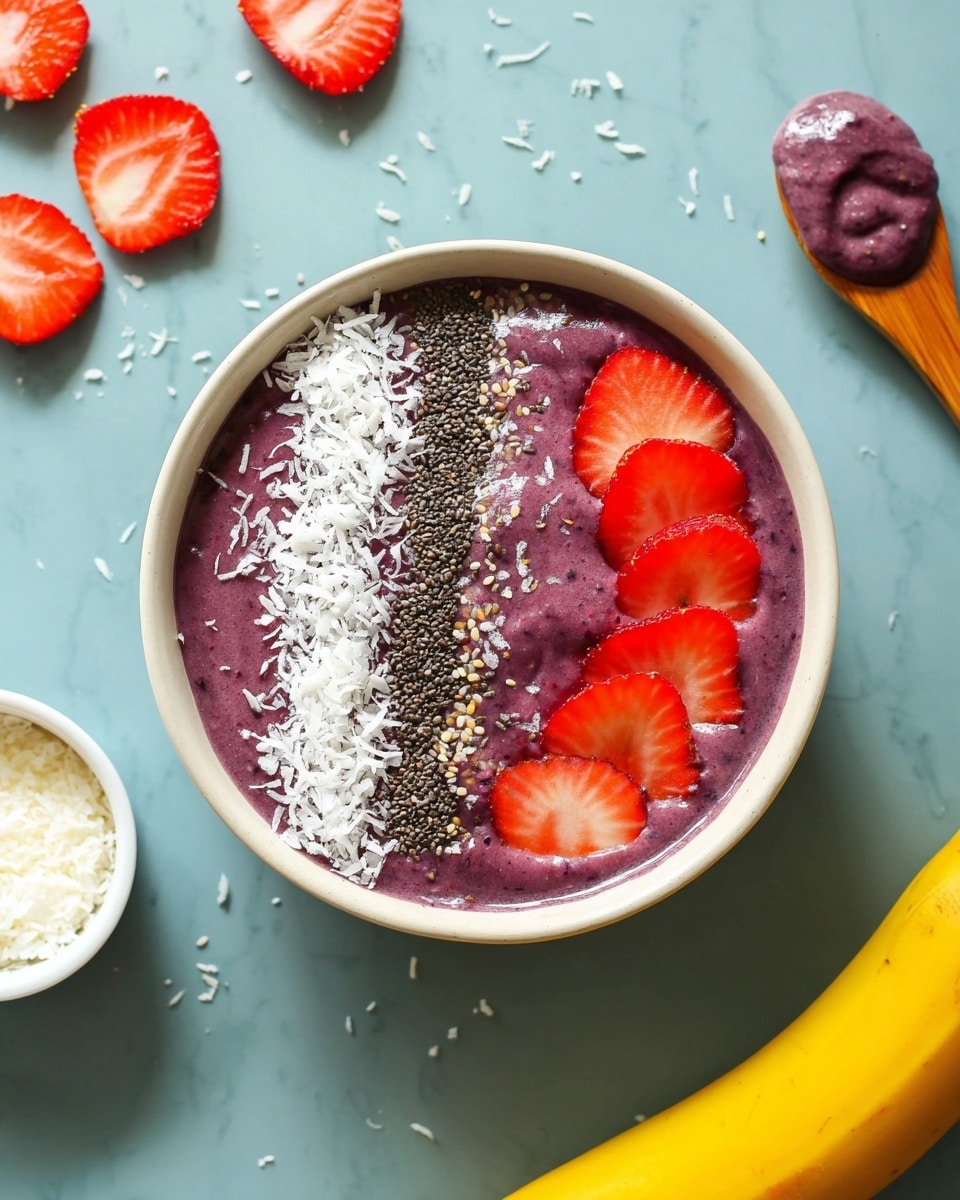 A white bowl filled with thick purple smoothie forms the base layer, topped with three neat lines of white shredded coconut, black chia seeds, and more white shredded coconut from left to right. To the right side, five bright red strawberry slices are arranged in a slightly overlapping row. The bowl is set on a white marbled surface with sliced strawberries scattered on the top left, a small white bowl with shredded coconut on the left, a yellow banana at the bottom, and a wooden spoon on the right holding a dollop of the purple smoothie. photo taken with an iphone --ar 4:5 --v 7