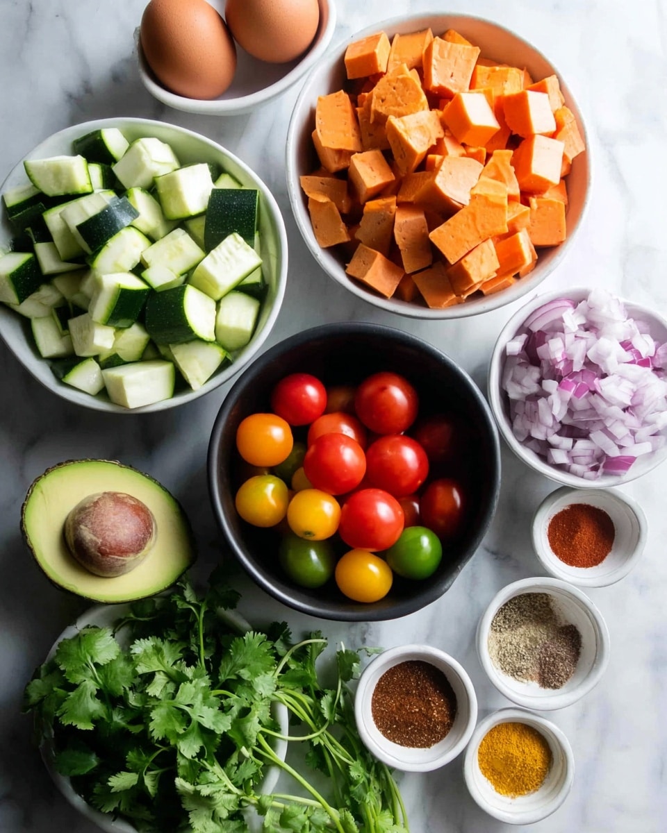 The image shows several ingredients placed on a white marbled surface. There are white bowls filled with chopped green zucchini, orange sweet potato cubes, and small pieces of red onion. A black bowl holds colorful small tomatoes in red, yellow, and green shades. Near these bowls, there are two whole brown eggs, a halved avocado with a visible seed, and fresh cilantro sprigs. Another white bowl contains various spices in colors of light brown, yellow, red, and dark brown. The layout is bright and clear, showing fresh and vibrant ingredients ready for cooking. photo taken with an iphone --ar 4:5 --v 7