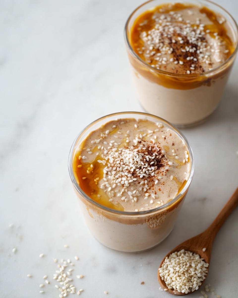 Two clear glass cups filled with three layers: the bottom and middle layers are light beige chia pudding with small dark chia seeds visible, topped with a smooth caramel-colored layer with a sprinkle of white sesame seeds and brown cinnamon powder in the center. The cups are placed on a white marbled surface with scattered white sesame seeds around and a small wooden spoon holding some sesame seeds nearby. Photo taken with an iphone --ar 4:5 --v 7