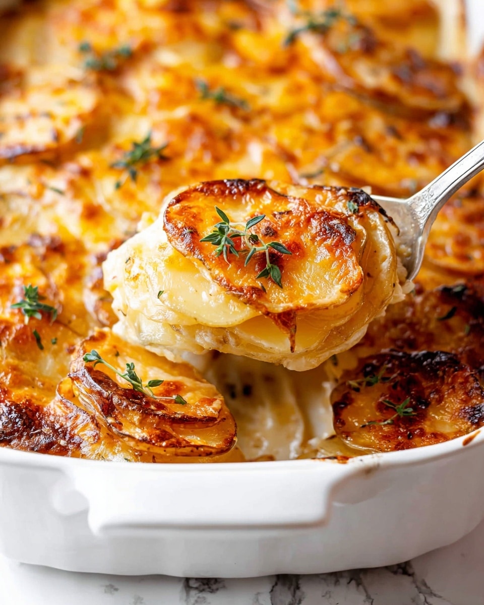 The image shows a baked dish in a white ceramic rectangular baking dish with scalloped edges and handles on both sides. The top layer consists of golden-brown, thinly sliced potatoes arranged unevenly, covered with melted melted cheese that is bubbly and slightly crispy around the edges. Small green herb sprigs are sprinkled evenly on the surface. The dish is placed on a white marbled surface with a gray patterned cloth nearby and some scattered herb sprigs in the background. photo taken with an iphone --ar 4:5 --v 7