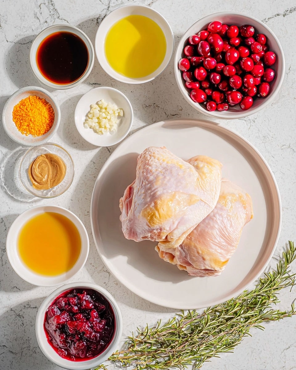 The dish shows one piece of golden brown glazed chicken with a shiny, slightly sticky texture on top, garnished with three bright red cranberries. Next to the chicken is a fresh pile of green leafy arugula with some small, orange-yellow cherry tomato slices mixed in. To the right side of the plate, there is a small dollop of red cranberry sauce with visible chunks, all served on a white plate placed on a white marbled surface. photo taken with an iphone --ar 4:5 --v 7
