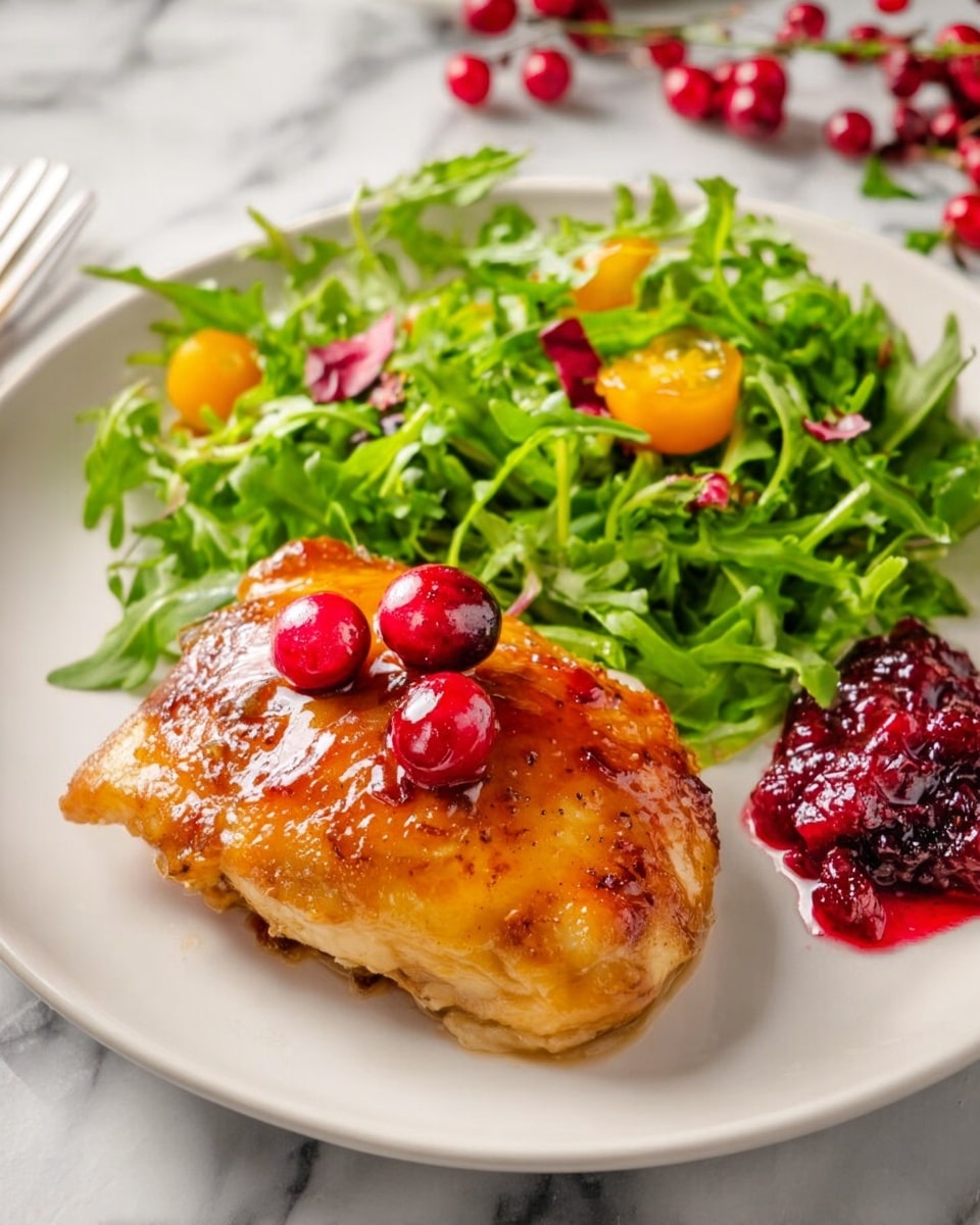 The image shows a white plate in the center with two raw pale pink chicken thighs stacked on top of each other, their skin slightly yellowish. Surrounding the plate are small white round bowls filled with different ingredients: bright red whole cranberries in the top right, dark brown soy sauce at the top left, finely minced garlic in the middle left, bright orange liquid in the middle right, a creamy light brown mustard seed paste below the garlic, golden oil near the bottom left, orange zest to the left of the chicken, dark red chunky cranberry sauce in a white bowl at the bottom left, and light yellow golden liquid in a bowl at the bottom center. A small sprig of fresh green rosemary with needle-like leaves is placed at the bottom right on a white marbled surface. All elements are spaced evenly and the lighting is bright and natural. Photo taken with an iphone --ar 4:5 --v 7