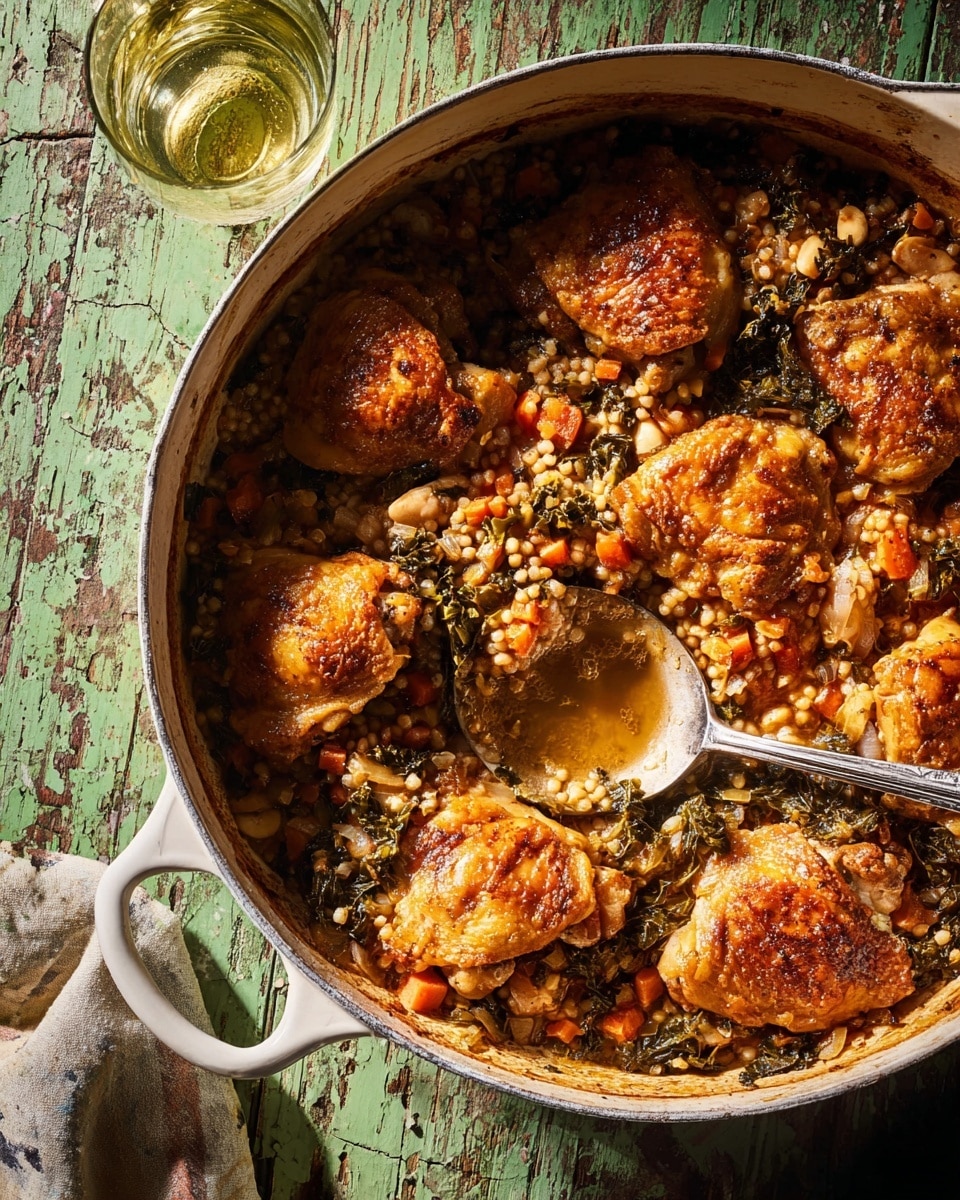 A round white pot filled with a warm dish showing several pieces of cooked chicken on top. The chicken is golden brown with a slightly crispy texture. Around and beneath the chicken are small grains mixed with tiny bright orange carrot pieces and dark green leafy vegetables, all cooked together. A silver spoon rests inside the pot, partly under one chicken piece. The pot is on a rough surface with a worn, greenish wooden look, and there is a glass with light yellow liquid near it. The lighting creates soft shadows and highlights the textures of the food. Photo taken with an iphone --ar 4:5 --v 7