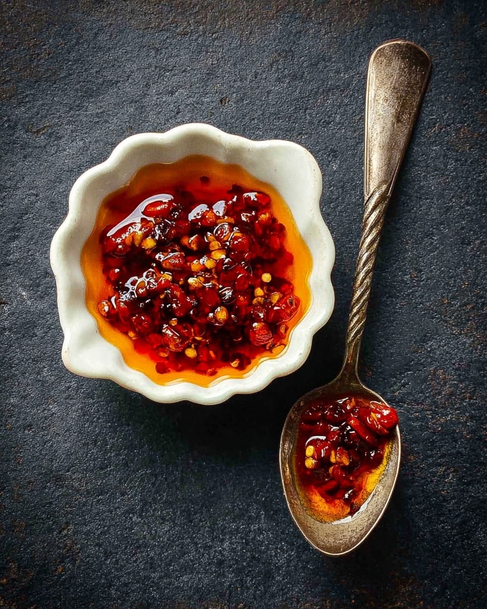 A small white ceramic dish with a textured edge holds a glossy, rich red chili sauce with visible chili flakes and chunks floating in bright orange oil, giving it a slightly oily shine. Next to the dish, a vintage silver spoon with a twisted handle rests on a dark textured surface, holding some of the same chili sauce. The overall color contrast between the deep red sauce, shiny spoon, and dark surface stands out clearly. photo taken with an iphone --ar 4:5 --v 7
