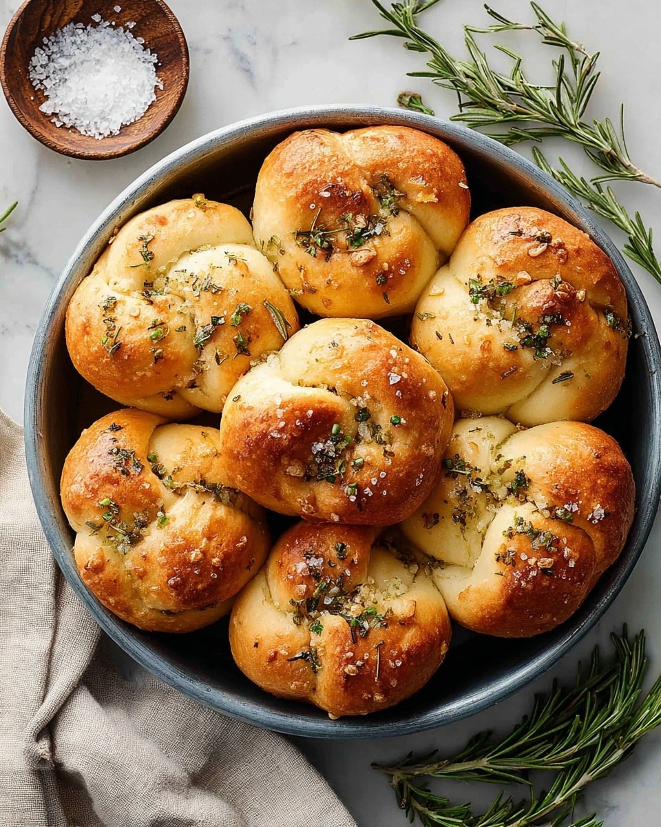 The image shows a round metal pan filled with nine golden-brown knot-shaped rolls on a white marbled surface. Each roll has a slightly crisp and shiny top layer sprinkled with coarse salt and chopped green rosemary, creating a textured look. The rolls have a soft, light-colored interior visible in folds and rounded edges. Some green rosemary sprigs lay beside the pan, adding a fresh touch. A small brown bowl with salt and rosemary is in the top left corner, and a light-colored cloth is partially visible at the bottom left. Photo taken with an iphone --ar 4:5 --v 7