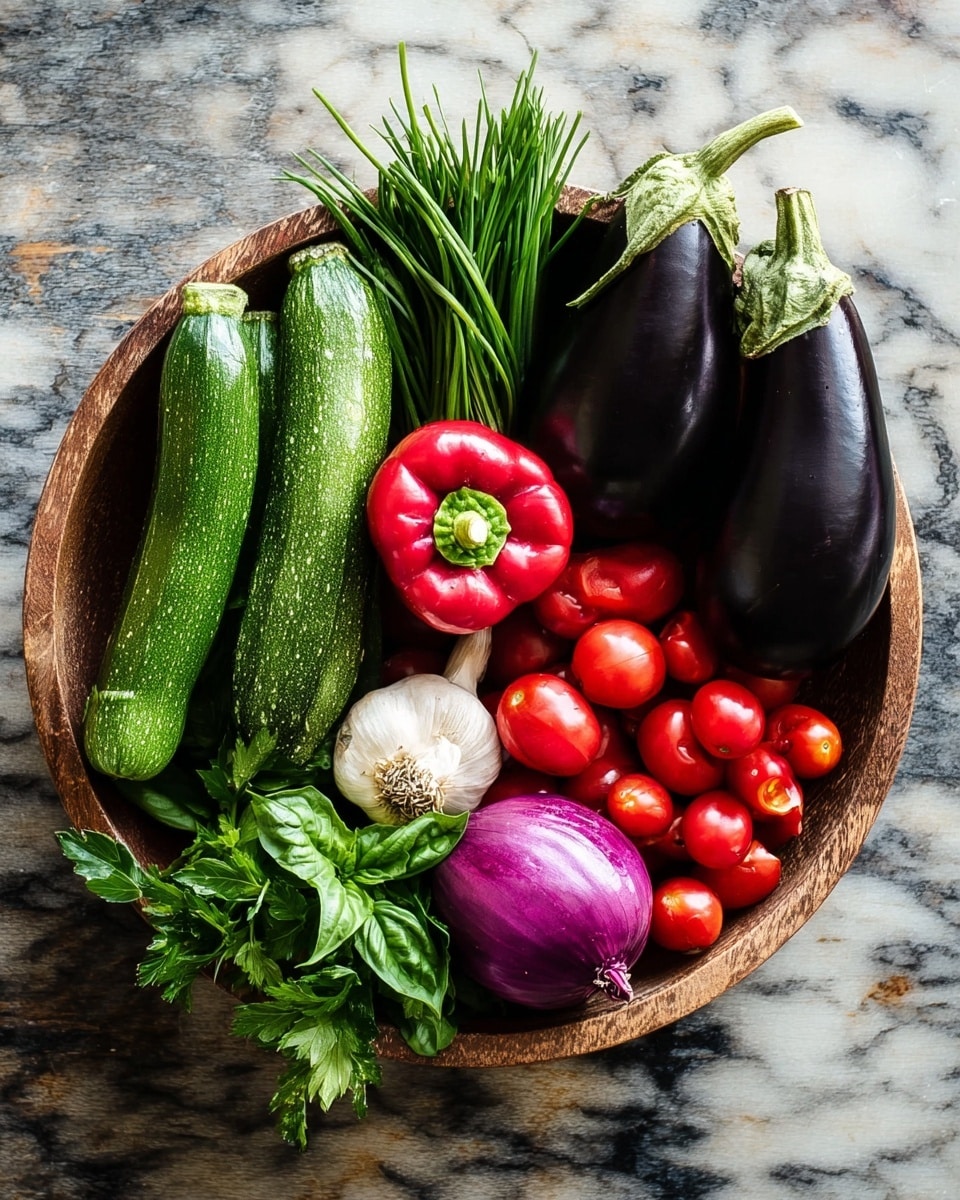 A wooden bowl sits on a white marbled surface filled with fresh vegetables. There are two dark purple eggplants on the right side with shiny skin and green tops. Two bright green zucchinis stand tall in the center back, with some long green chives crossing over them. Bright red bell peppers are placed in the middle left, next to fresh green basil leaves. A whole white garlic bulb sits near the middle, surrounded by small, smooth, red grape tomatoes clustered on the bottom right. A whole purple onion with some strings at the bottom rests near the tomatoes, while fresh green parsley is positioned on the bottom left. The textures vary from smooth and shiny to leafy and rough, creating a colorful and fresh look photo taken with an iphone --ar 4:5 --v 7