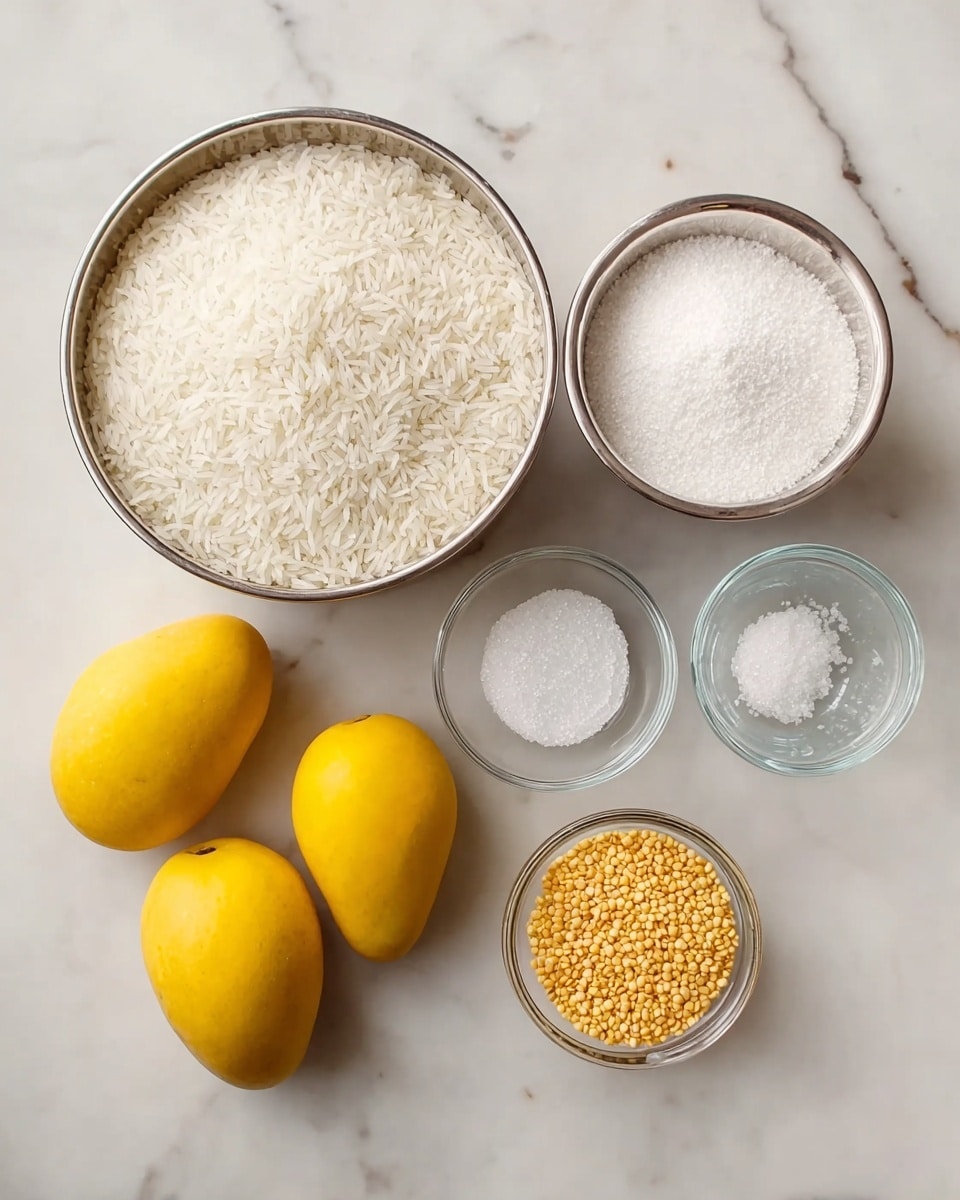 The image shows several ingredients arranged on a white marbled surface. On the left, there is a large metal bowl filled with white rice. In front of this bowl, there are three whole yellow mangoes placed side by side. On the right side, there is another large metal bowl filled with white sugar. Above the sugar bowl, there are three small clear glass bowls containing white salt, a white powder, and small yellow lentils. The ingredients are neatly placed and the scene has soft, natural lighting. Photo taken with an iphone --ar 4:5 --v 7