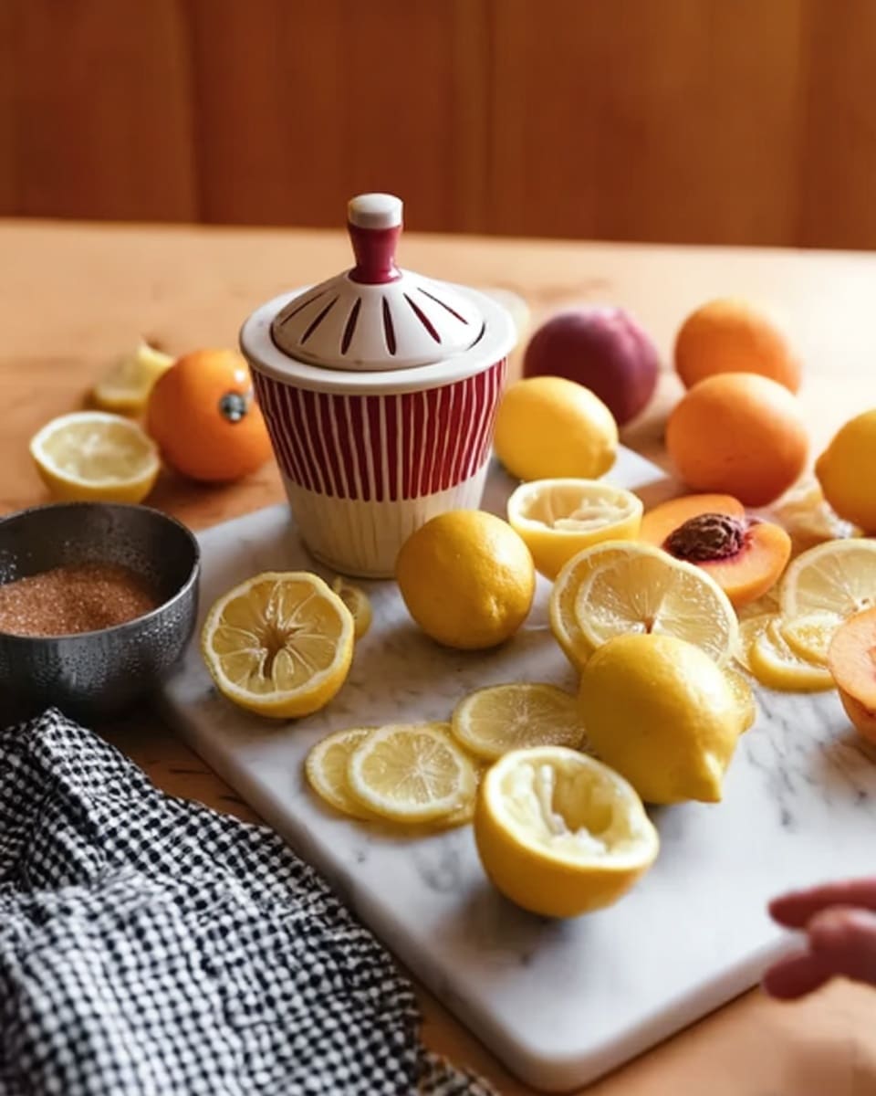 A white marbled surface with a red and white manual citrus juicer placed near the top center. Around the juicer are several lemon and peach halves, some whole, some sliced, arranged loosely across the surface. Lemons show bright yellow flesh, smooth texture, and segments visible inside, while the peaches display a mix of orange and reddish colors with a soft, slightly fuzzy skin. A small round metal bowl filled with brown sugar sits on the left side and a black and white checkered cloth lays diagonally across the bottom left corner. A woman's hand is gently reaching towards the fruit. The background is softly blurred with warm wooden tones. photo taken with an iphone --ar 4:5 --v 7