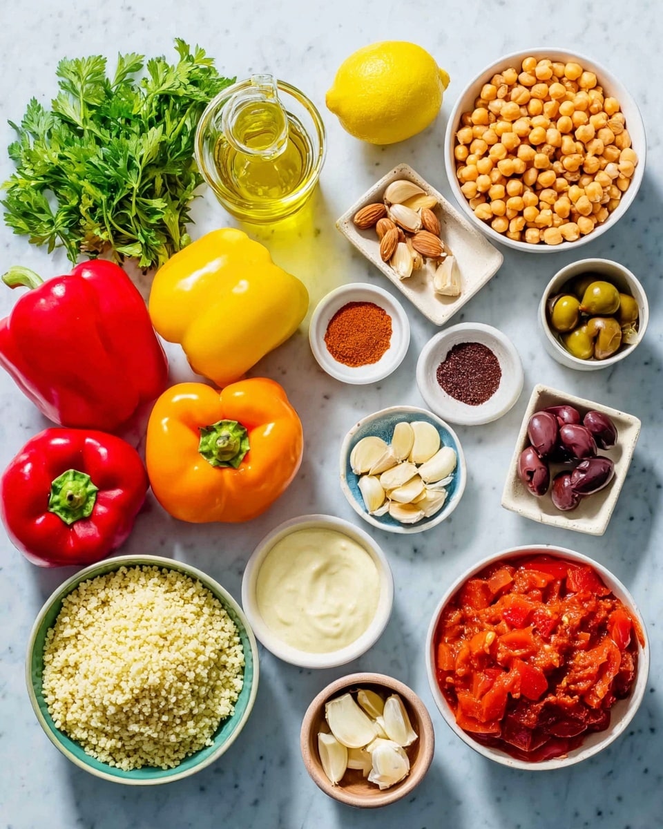 An overhead view of many fresh ingredients spread on a white marbled surface: four whole bell peppers in red, yellow, orange, and red, bright green parsley, a whole yellow lemon, a small pile of chickpeas in a white bowl, a bowl of cooked couscous, a bowl of chopped onions, a bowl of almonds, a bowl of whole Kalamata olives, several small white bowls filled with spices in red, brown, orange, and black colors, peeled garlic cloves in a rectangular white dish, a bowl of creamy white sauce, a small bowl of red tomato chunks, and a clear glass bottle of olive oil. photo taken with an iphone --ar 4:5 --v 7