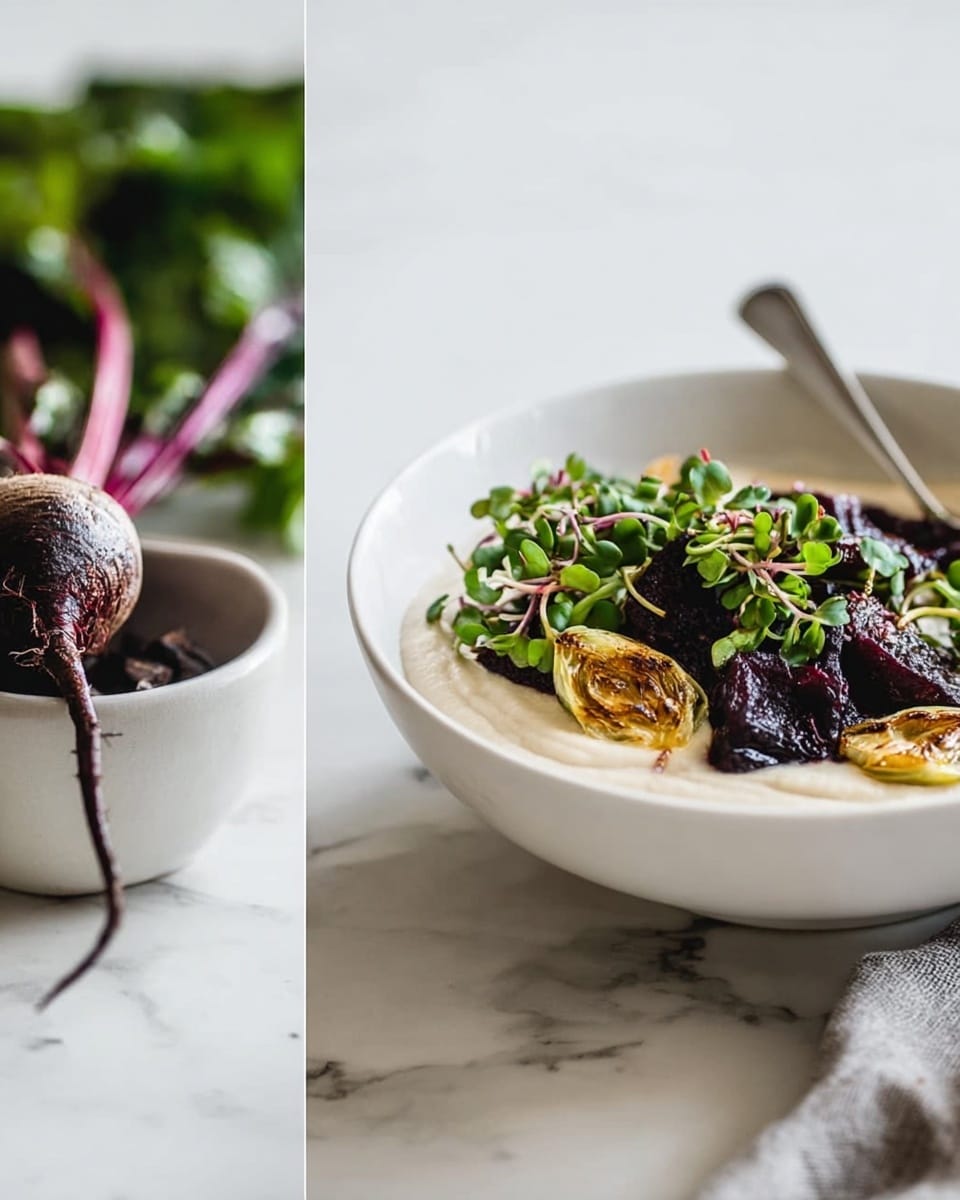 A white bowl on a white marbled surface holds a layered dish: the bottom layer is smooth and creamy in off-white color, topped with a layer of dark purple roasted vegetables, likely beets, with some golden-brown garlic slices scattered on top. The dish is garnished with fresh microgreens that have small green and red leaves, adding a fresh touch to the presentation. In the background, there is another white bowl with some green leaves blurred out, and a silver spoon is slightly resting inside the main bowl. photo taken with an iphone --ar 4:5 --v 7