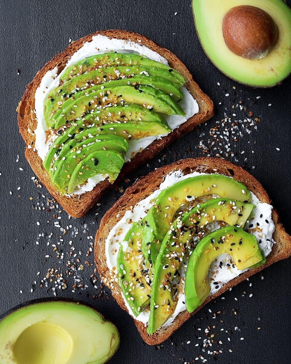Four slices of brown toast are laid out on a dark surface with smudges, each slice spread evenly with a thick white layer of cream cheese. On top of the cream cheese is a layer of green mashed avocado with a slightly chunky texture, followed by curved slices of bright green avocado arranged neatly on each toast. The avocado topped toasts are sprinkled with a mix of black, white, and orange seeds and spices. Beside the toast, there are two halves of a fresh avocado, one with the large brown seed still inside and the other showing a clean hollow. photo taken with an iphone --ar 4:5 --v 7