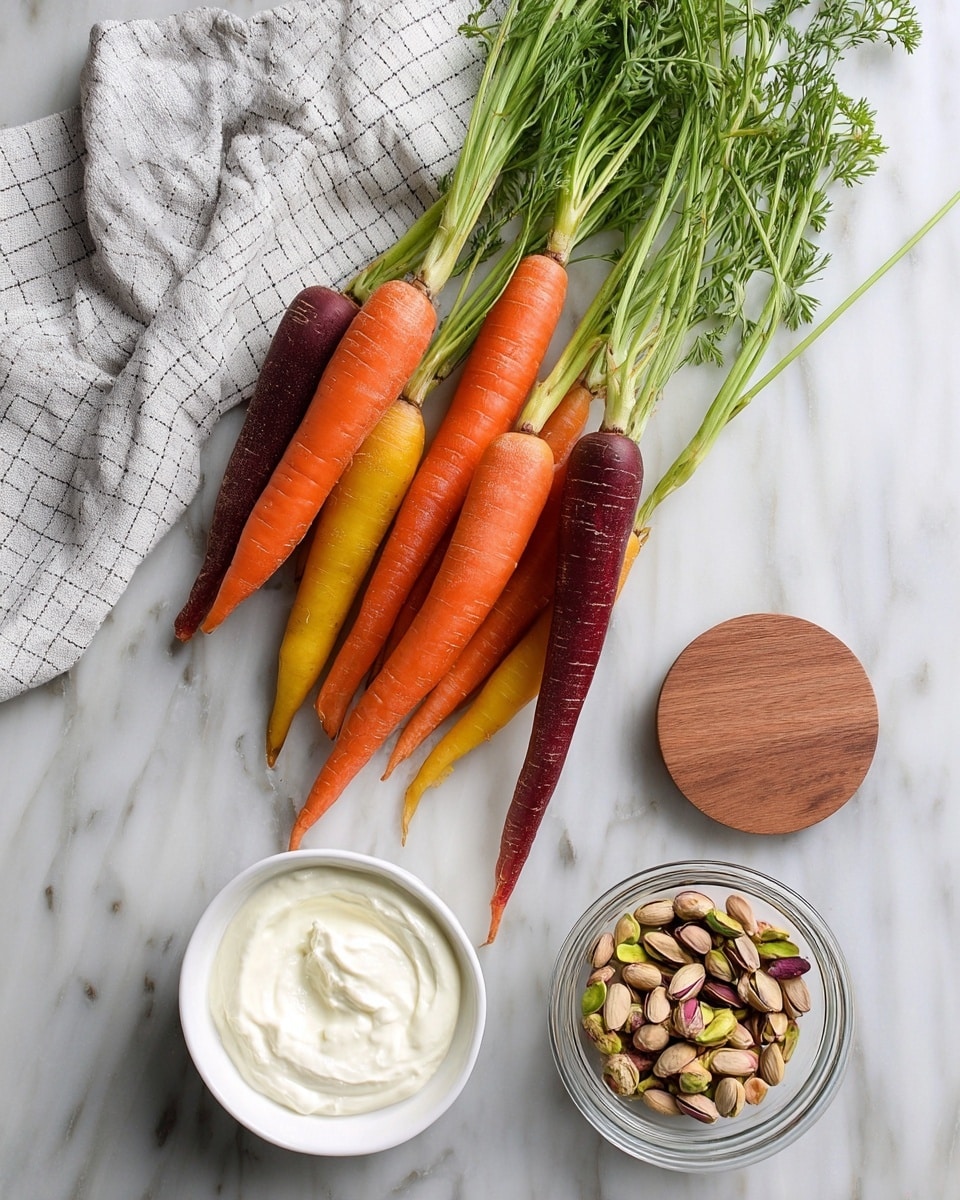 The image shows a bunch of seven fresh carrots with green tops, arranged horizontally on a white marbled surface, featuring orange, yellow, and purple carrots in the group. Below the carrots, there is a small white bowl filled with smooth, white cream cheese, and next to it, a glass bowl containing roasted pistachios. At the bottom right corner, there is a round white container with a wooden lid placed beside it. A gray cloth with a white grid pattern is partially visible in the top left corner. The whole setting is simple and clean, with the colors of the carrots standing out brightly against the white marbled background. photo taken with an iphone --ar 4:5 --v 7