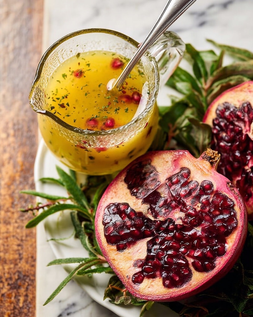 A close-up view shows a halved pomegranate with deep red seeds tightly packed inside light pink flesh, placed on a white plate partially covered by green leafy herbs. Next to it is a clear glass jug filled with yellow soup that has small red and green bits scattered throughout, with a silver spoon resting inside the jug. The setting is on a white marbled textured surface that contrasts with the vibrant colors of the food, photo taken with an iphone --ar 4:5 --v 7