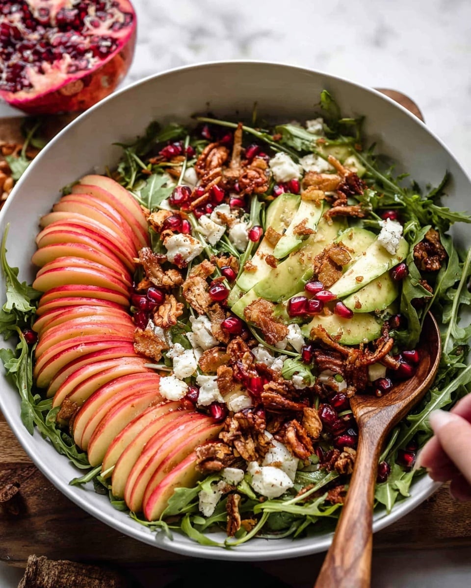 A white bowl filled with a fresh salad resting on a white marbled surface, showing layers including a base of bright green arugula leaves, thinly sliced red apples arranged in neat stacks along one side, scattered pomegranate seeds adding pops of deep red, small chunks of creamy white cheese sprinkled throughout, and crunchy toasted nuts with a golden brown color distributed on top. There are also slices of light green avocado and some crispy thinly sliced reddish-brown pieces mixed in. A wooden spoon and a woman's hand reaching into the bowl are also visible, with a pomegranate half in the background. Photo taken with an iphone --ar 4:5 --v 7