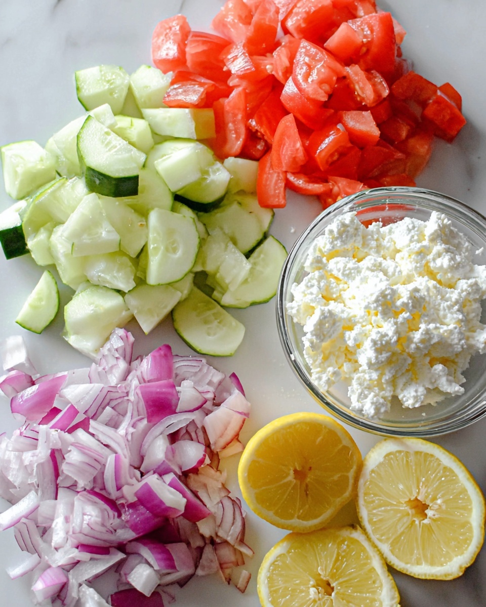 Keto Greek Cauliflower Rice with Feta, Dill, and Vegetables Recipe 4 A clear glass bowl holds five distinct layers of fresh ingredients arranged side by side. On the left is a pile of green cucumber chunks with visible skin and a light, moist texture. Next to it, in the center, is a mound of finely chopped pale yellow cauliflower rice. To the right of the cauliflower are bright red, diced tomato pieces with a juicy appearance. Next to the tomato, there are small pieces of purple and white chopped onion showing their layers clearly. At the front right is a heap of white crumbly cheese, its texture rough and soft. The bowl sits on a white marbled texture surface, with two halved yellow lemons blurred in the background. Photo taken with an iphone --ar 4:5 --v 7