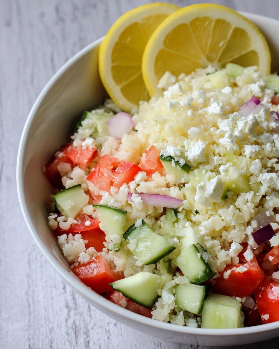 Keto Greek Cauliflower Rice with Feta, Dill, and Vegetables Recipe 5 A close-up of a white bowl filled with a fresh salad showing one main layer of finely chopped small pieces of light yellow cauliflower or rice-like texture mixed with bright red tomato chunks, pale green cucumber cubes with dark green skin, small clumps of white cheese, and thin slices of light purple onion. At the back edge of the bowl, there is a half lemon slice with bright yellow skin and a paler yellow inside. The bowl is placed on a white marbled textured surface. photo taken with an iphone --ar 4:5 --v 7