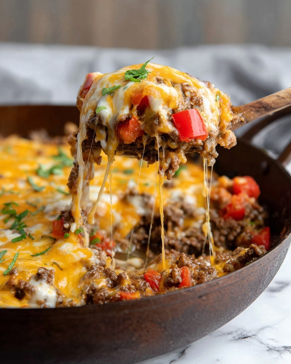 A round metal pan holds a dish with three visible layers: the bottom layer is a mix of cooked ground meat and rice with small pieces of orange and red vegetables, the middle layer is melted yellow and white cheese spread evenly over the mixture, and the top layer features a dollop of white sour cream in the center, topped with small red chopped tomatoes and green chopped herbs scattered around. The pan is placed on a textured brown cloth, set on a white marbled surface. In the background, there is a small white bowl with a spoon, green cucumber, cherry tomatoes on stems, and green herbs, with a colorful striped cloth nearby. photo taken with an iphone --ar 4:5 --v 7