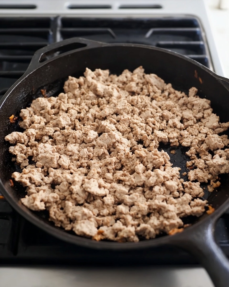 A black cast iron skillet on a stove filled with one layer of cooked ground meat, which is mostly light brown with some small spots of golden brown. The meat texture is crumbly and spread evenly across the pan. The stove has black grates beneath the skillet and a white control area in the back. The overall scene is simple, focusing on the cooking meat. photo taken with an iphone --ar 4:5 --v 7