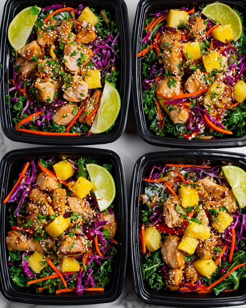 A white bowl filled with many colorful layers of food arranged in sections. Starting from the left, there is a pile of white bean sprouts topped with a lime wedge on the edge. Next to it, shredded orange carrots, followed by bright yellow pineapple chunks. In the middle, there is a pile of cooked chicken glazed with a shiny orange sauce sprinkled with chopped green onions and herbs. To the right, bright red bell pepper strips, thin shredded purple cabbage, and chopped kale. The dish is sprinkled all over with finely chopped green onions and small bits of herbs, with some sesame seeds on top. In the background, there is a glass bowl of chopped green onions and a clear bottle filled with reddish-orange sauce on a white marbled surface, with some red chili peppers around. photo taken with an iphone --ar 4:5 --v 7