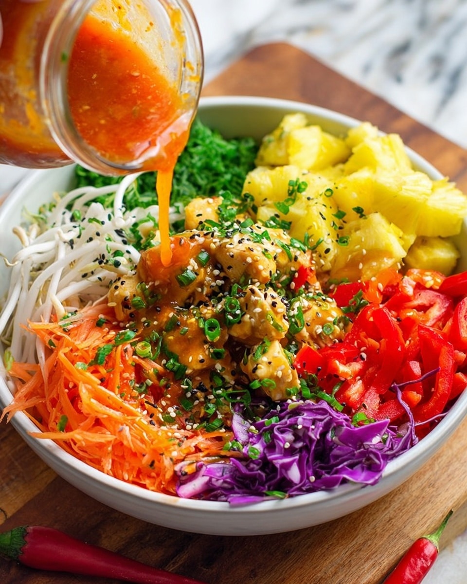 Four black rectangular containers filled with a colorful meal are placed on a white marbled surface. Each container has a base layer of green leafy vegetables mixed with thin orange carrot strips and purple cabbage shreds. On top of this are pieces of light brown cooked chicken and chunks of bright yellow pineapple scattered evenly. The dish is sprinkled with light tan sesame seeds and finely chopped green herbs. Each container includes a wedge of bright green lime on the side. The food looks fresh and vibrant with a glossy sauce coating some of the chicken pieces, making them shine. photo taken with an iphone --ar 4:5 --v 7